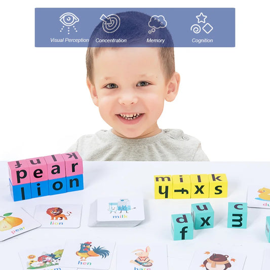 Montessori Letter Spelling Game – Wooden Blocks & Flash Cards Set