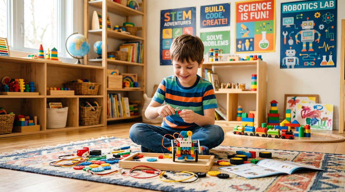 Happy child building a robot STEM toy kit