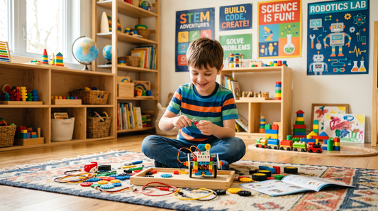 Happy child building a robot STEM toy kit