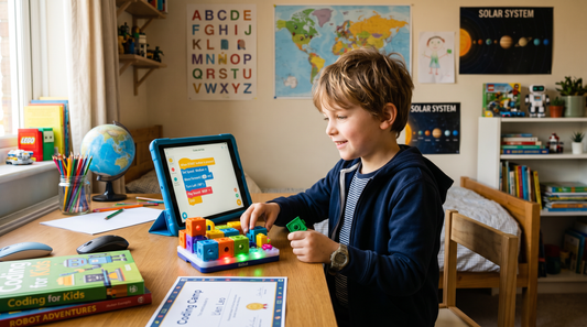 Child learning to code on a kids-friendly coding toy