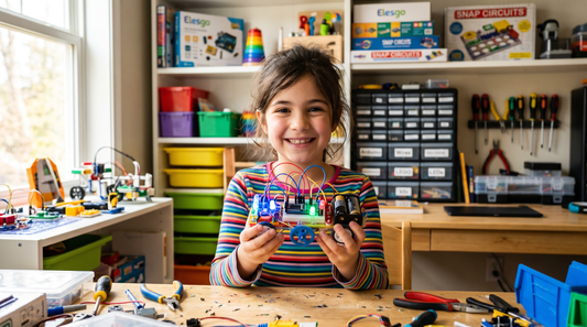 Child proudly holding a self-assembled robot kit