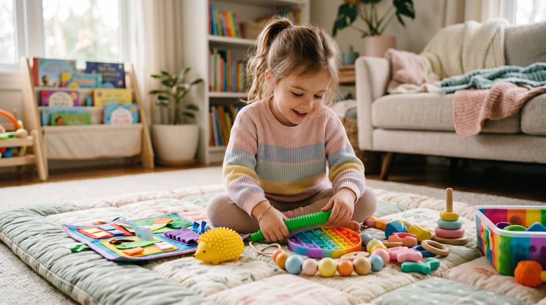 Child playing with sensory toys on a soft mat