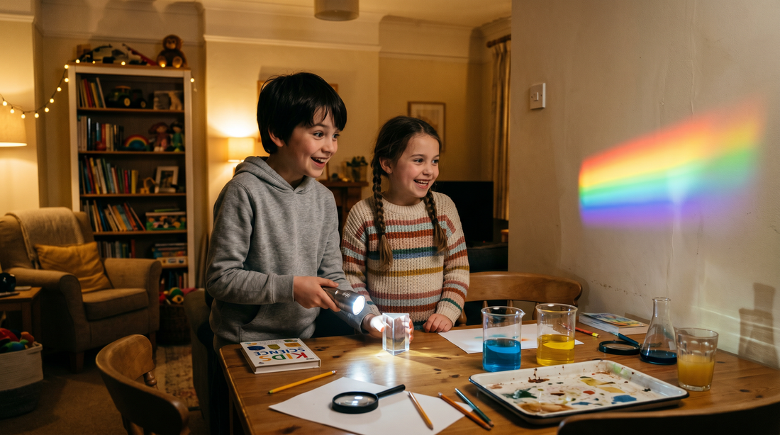 Kids doing a prism light experiment at home