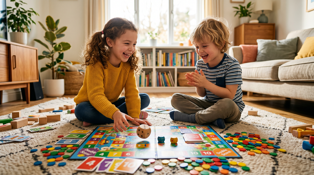 Children playing a fun math board game on the floor