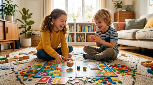 Children playing a fun math board game on the floor