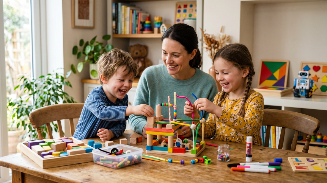 Parent and children doing STEM activities at home