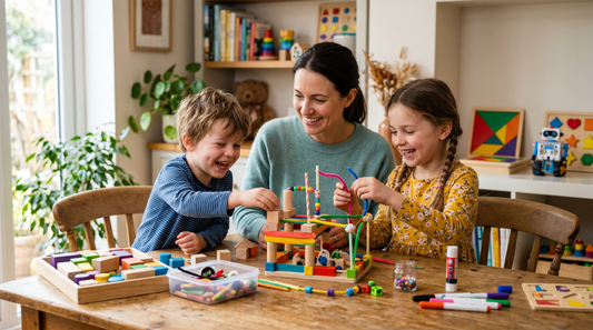 Parent and children doing STEM activities at home