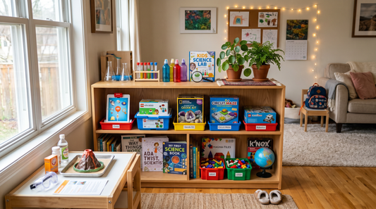 Organised home STEM learning corner with toys and books