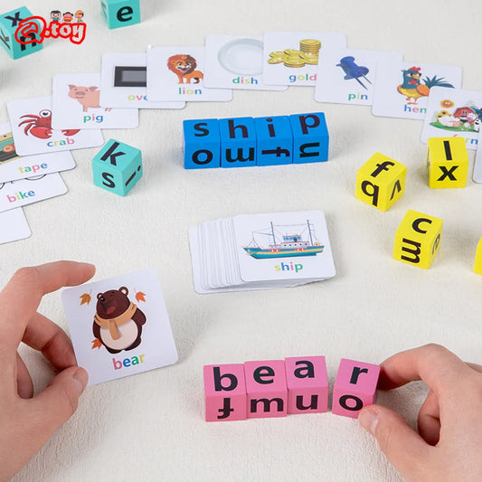 Montessori Letter Spelling Game – Wooden Blocks & Flash Cards Set