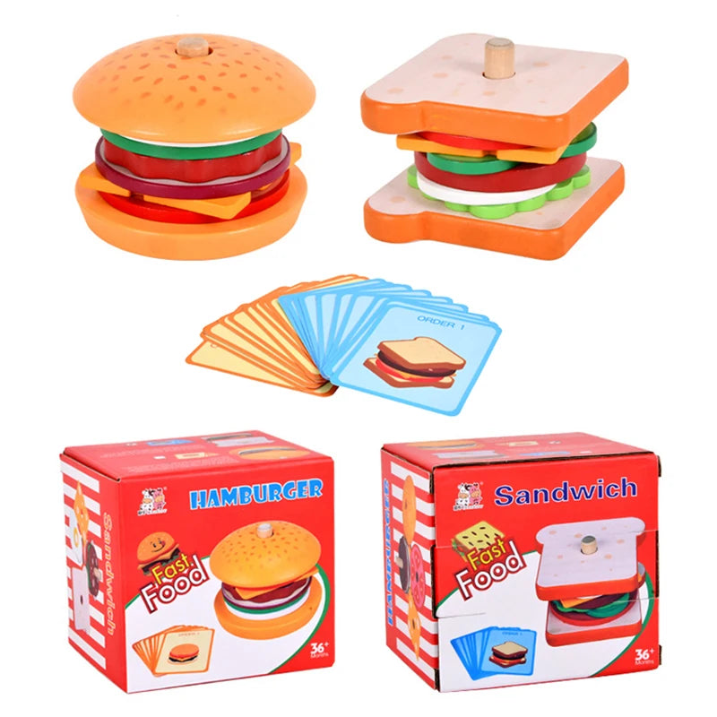 Wooden food stacking and sequencing toy